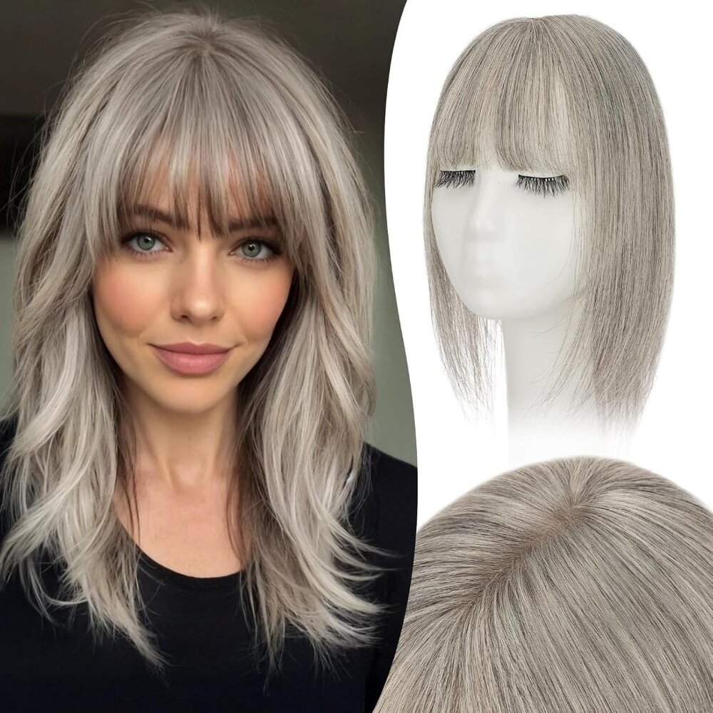 Hair Topper Human Hair 10 Inch Gray Clip-In Bangs For Thinning Hair